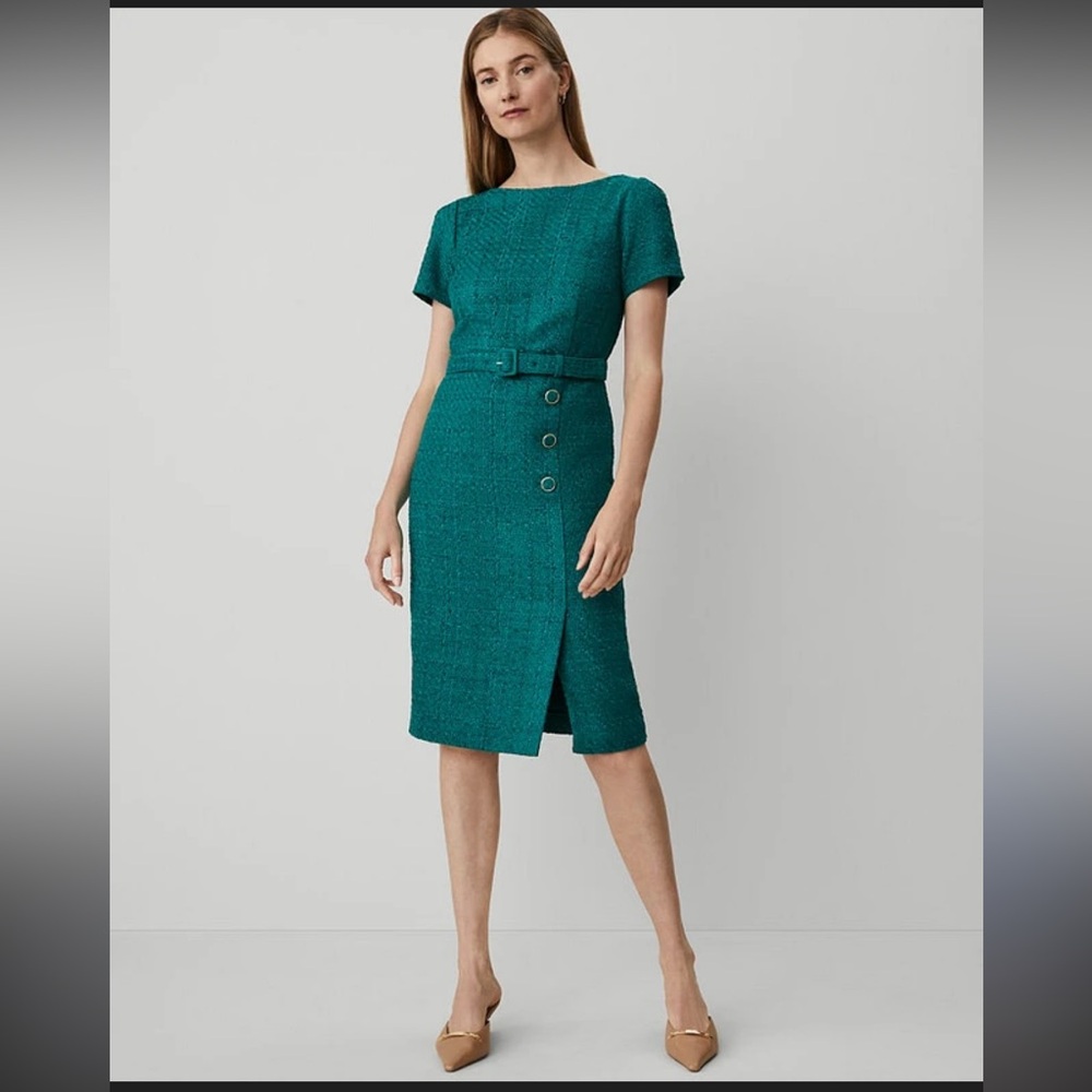 Ann Taylor Teal Short-Sleeve Belted Midi Dress